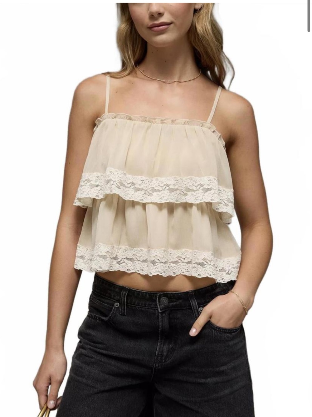 American Eagle Outfitters Cream Layered Lace-Trim Cami